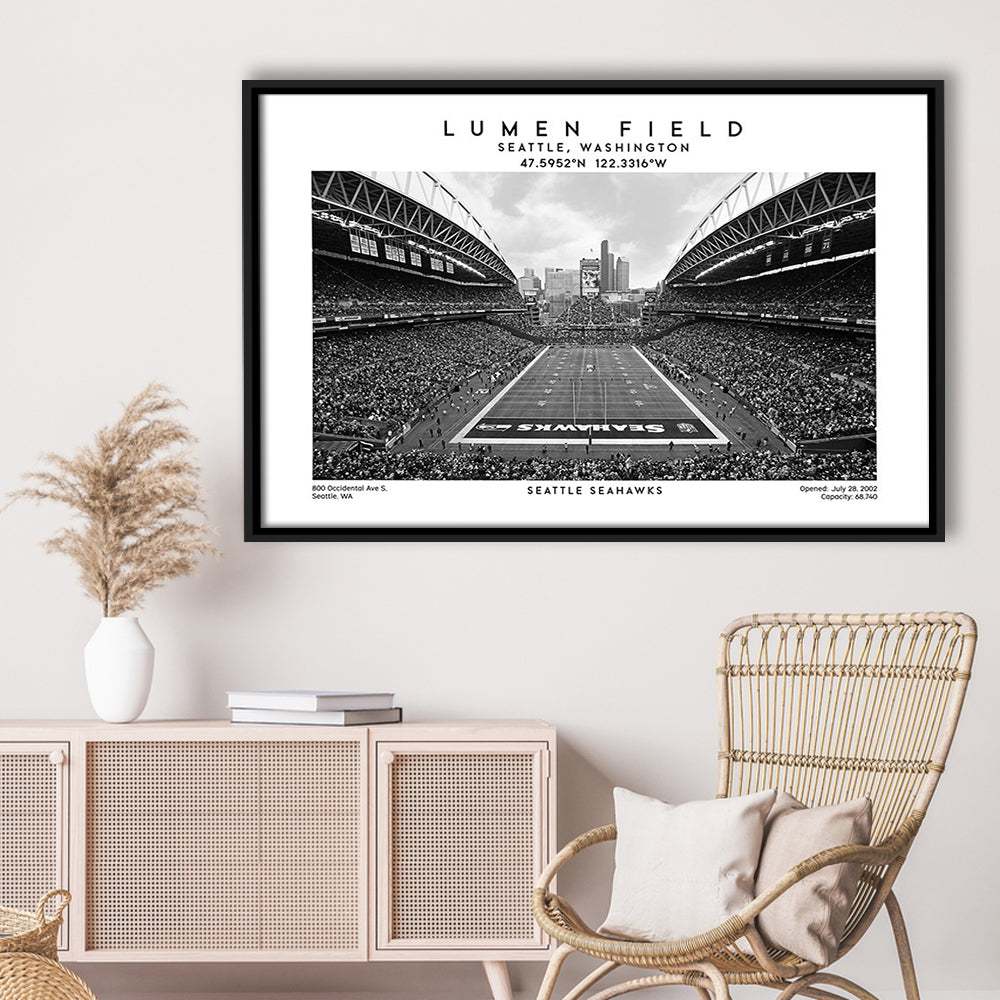 Lumen Field Stadium Black And White, Seattle Seahawks Football Stadium Wall Art, Framed Canvas Print Wall Art