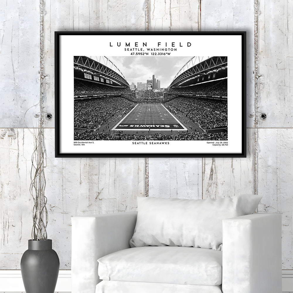 Lumen Field Stadium Black And White, Seattle Seahawks Football Stadium Wall Art, Framed Canvas Print Wall Art