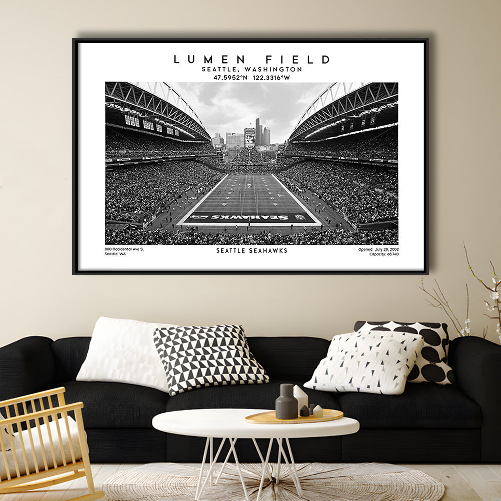 Lumen Field Stadium Black And White, Seattle Seahawks Football Stadium Wall Art, Framed Canvas Print Wall Art