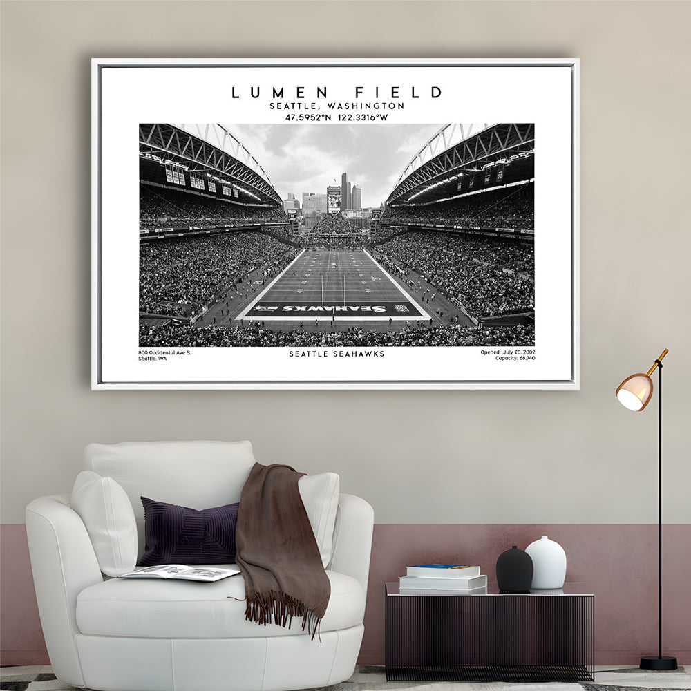 Lumen Field Stadium Black And White, Seattle Seahawks Football Stadium Wall Art, Framed Canvas Print Wall Art