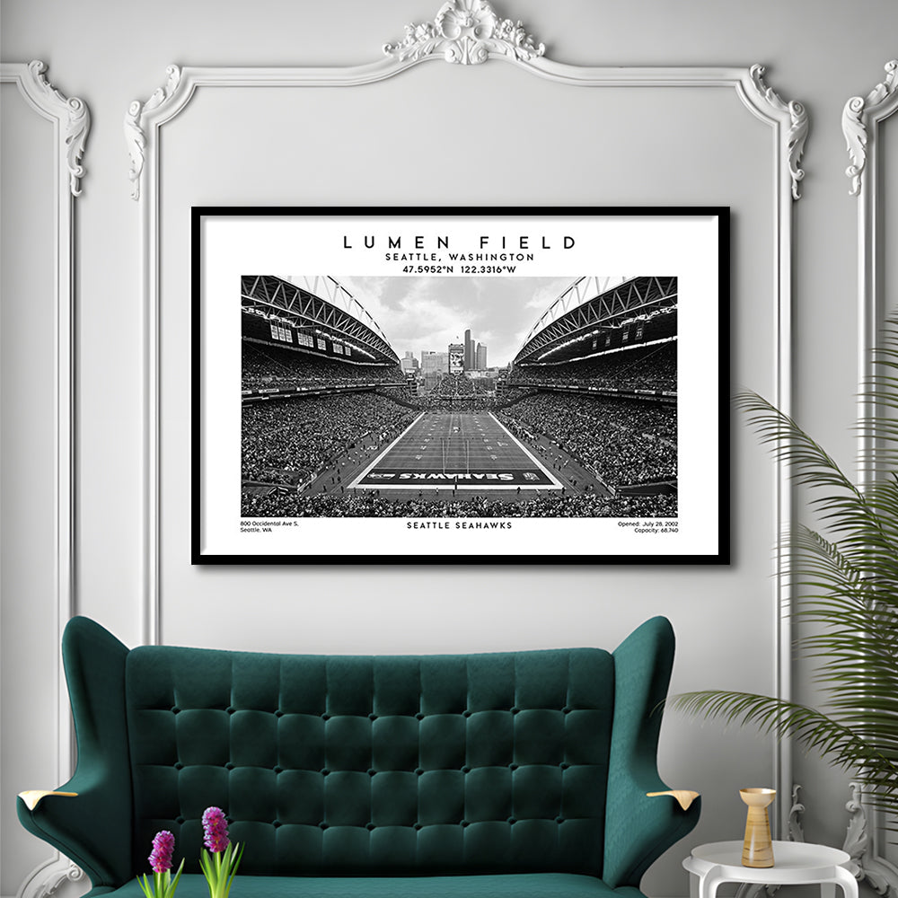 Lumen Field Stadium Black And White, Seattle Seahawks Football Stadium Wall Art, Framed Art Print Wall Decor