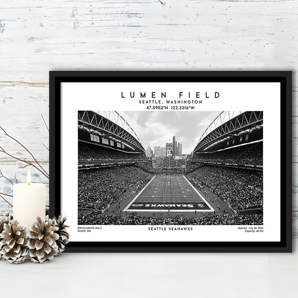 Lumen Field Stadium Black And White, Seattle Seahawks Football Stadium Wall Art, Framed Canvas Print Wall Art