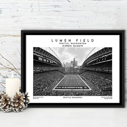 Lumen Field Stadium Black And White, Seattle Seahawks Football Stadium Wall Art, Framed Canvas Print Wall Art