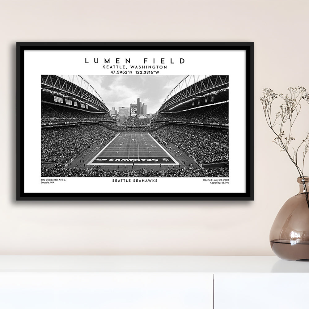 Lumen Field Stadium Black And White, Seattle Seahawks Football Stadium Wall Art, Framed Canvas Print Wall Art