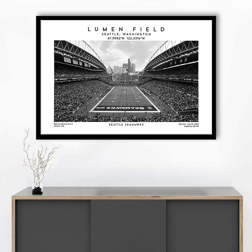 Lumen Field Stadium Black And White, Seattle Seahawks Football Stadium Wall Art, Framed Art Print Wall Decor