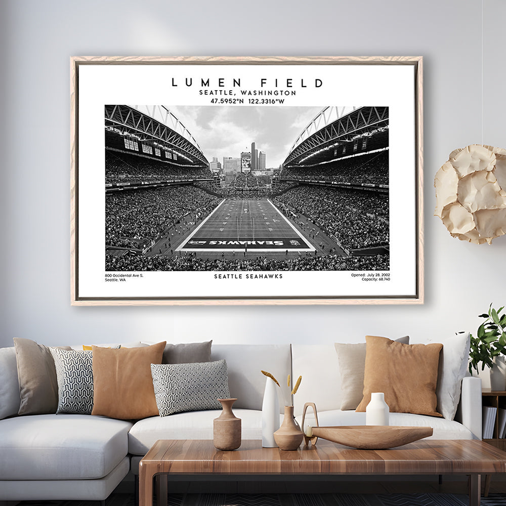 Lumen Field Stadium Black And White, Seattle Seahawks Football Stadium Wall Art, Framed Canvas Print Wall Art