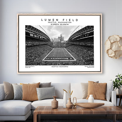 Lumen Field Stadium Black And White, Seattle Seahawks Football Stadium Wall Art, Framed Canvas Print Wall Art