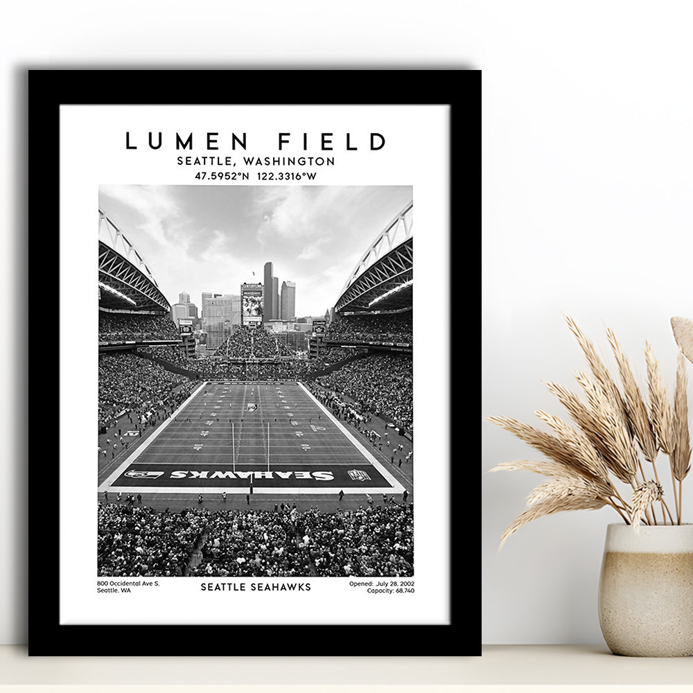 Lumen Field Stadium Black And White, Seattle Seahawks Football Stadium Wall Art Print, Framed Art Prints Wall Decor