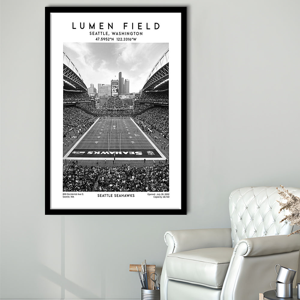 Lumen Field Stadium Black And White, Seattle Seahawks Football Stadium Wall Art Print, Framed Art Prints Wall Decor