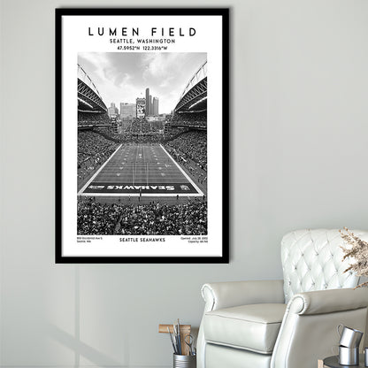Lumen Field Stadium Black And White, Seattle Seahawks Football Stadium Wall Art Print, Framed Art Prints Wall Decor