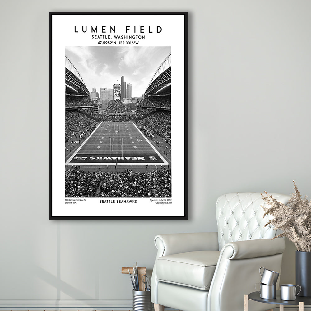 Lumen Field Stadium Black And White, Seattle Seahawks Football Stadium Wall Art Print, Framed Canvas Prints Wall Art
