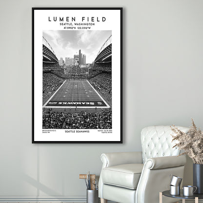 Lumen Field Stadium Black And White, Seattle Seahawks Football Stadium Wall Art Print, Framed Canvas Prints Wall Art