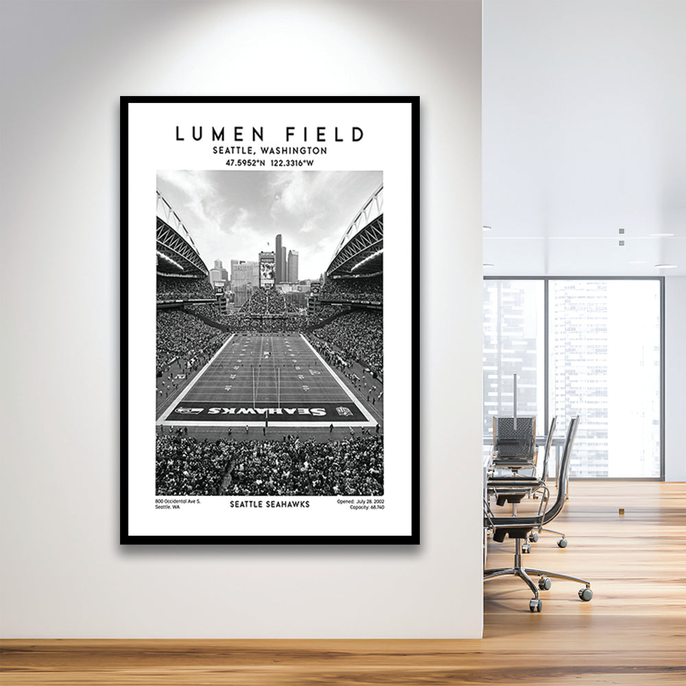 Lumen Field Stadium Black And White, Seattle Seahawks Football Stadium Wall Art Print, Framed Art Prints Wall Decor