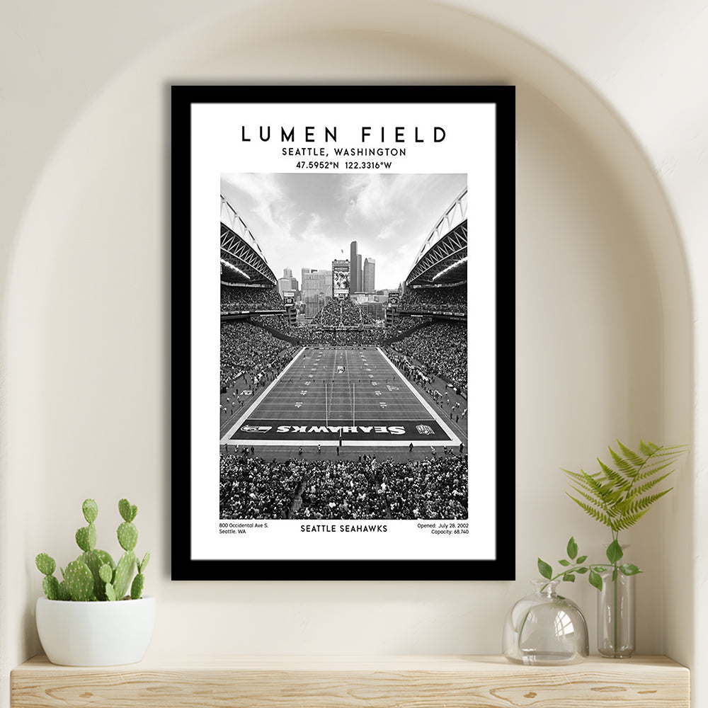 Lumen Field Stadium Black And White, Seattle Seahawks Football Stadium Wall Art Print, Framed Art Prints Wall Decor