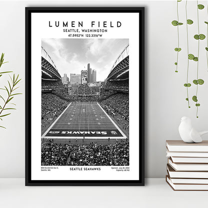 Lumen Field Stadium Black And White, Seattle Seahawks Football Stadium Wall Art Print, Framed Canvas Prints Wall Art