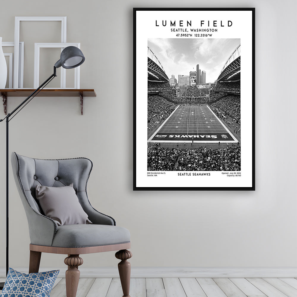 Lumen Field Stadium Black And White, Seattle Seahawks Football Stadium Wall Art Print, Framed Canvas Prints Wall Art