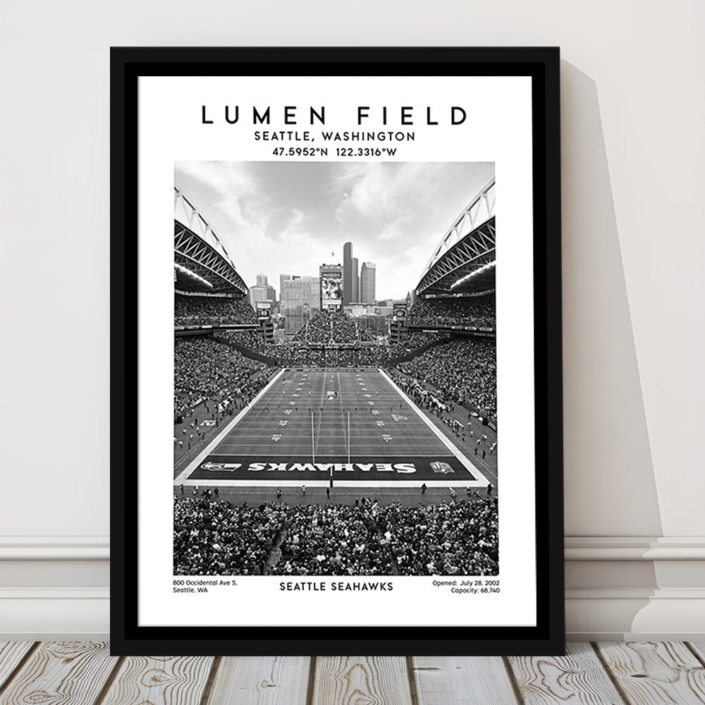 Lumen Field Stadium Black And White, Seattle Seahawks Football Stadium Wall Art Print, Framed Canvas Prints Wall Art