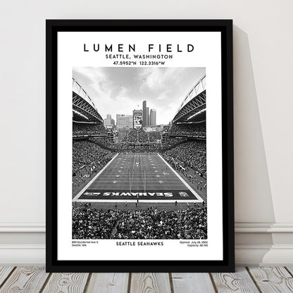 Lumen Field Stadium Black And White, Seattle Seahawks Football Stadium Wall Art Print, Framed Canvas Prints Wall Art