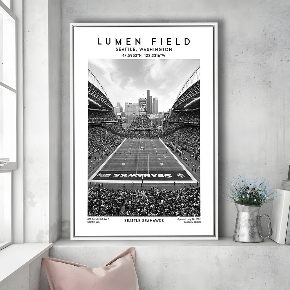 Lumen Field Stadium Black And White, Seattle Seahawks Football Stadium Wall Art Print, Framed Canvas Prints Wall Art