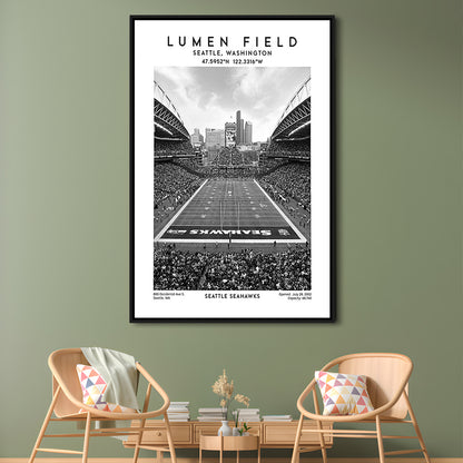 Lumen Field Stadium Black And White, Seattle Seahawks Football Stadium Wall Art Print, Framed Canvas Prints Wall Art