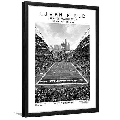 Lumen Field Stadium Black And White, Seattle Seahawks Football Stadium Wall Art Print, Framed Art Prints Wall Decor