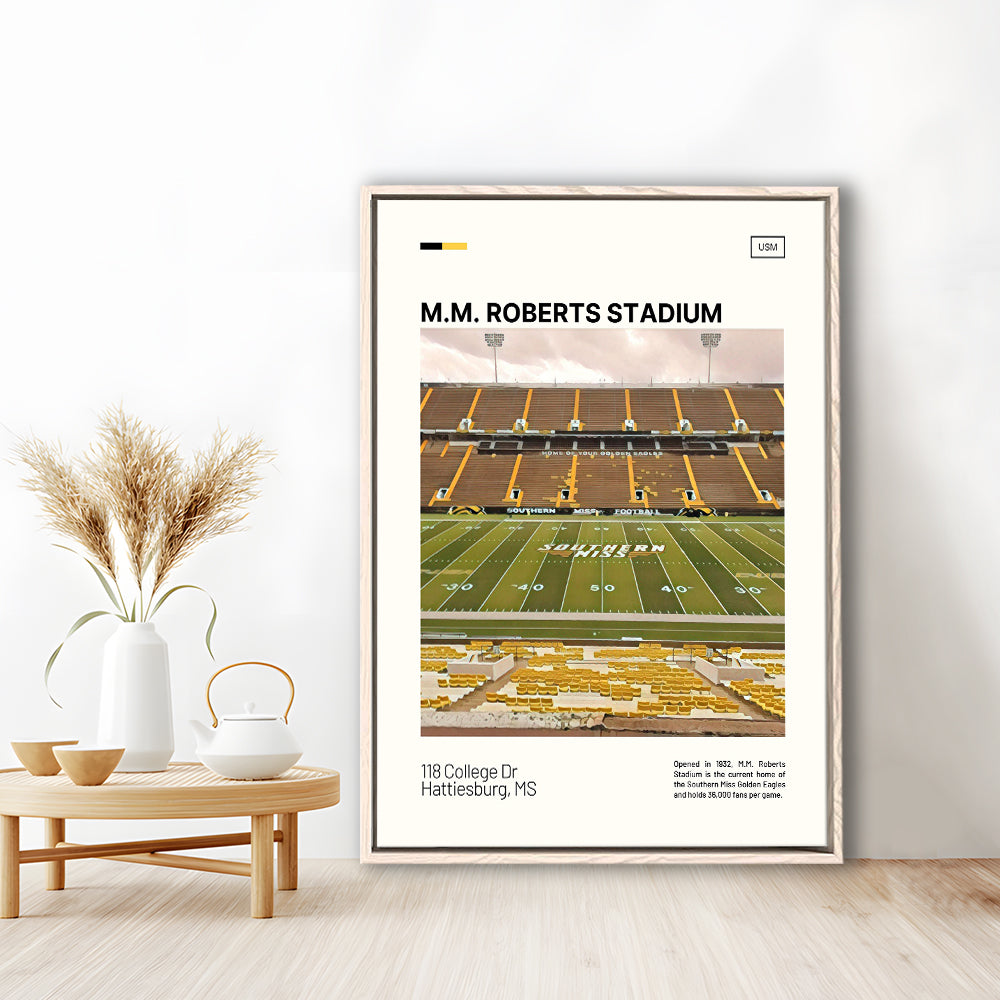 M.M. Roberts Stadium Print, Southern Miss Golden Eagles Stadium Art, Man Cave Gift, Floating Framed Canvas Print Wall Art