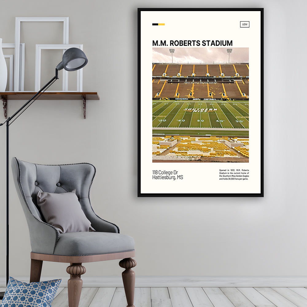 M.M. Roberts Stadium Print, Southern Miss Golden Eagles Stadium Art, Man Cave Gift, Floating Framed Canvas Print Wall Art