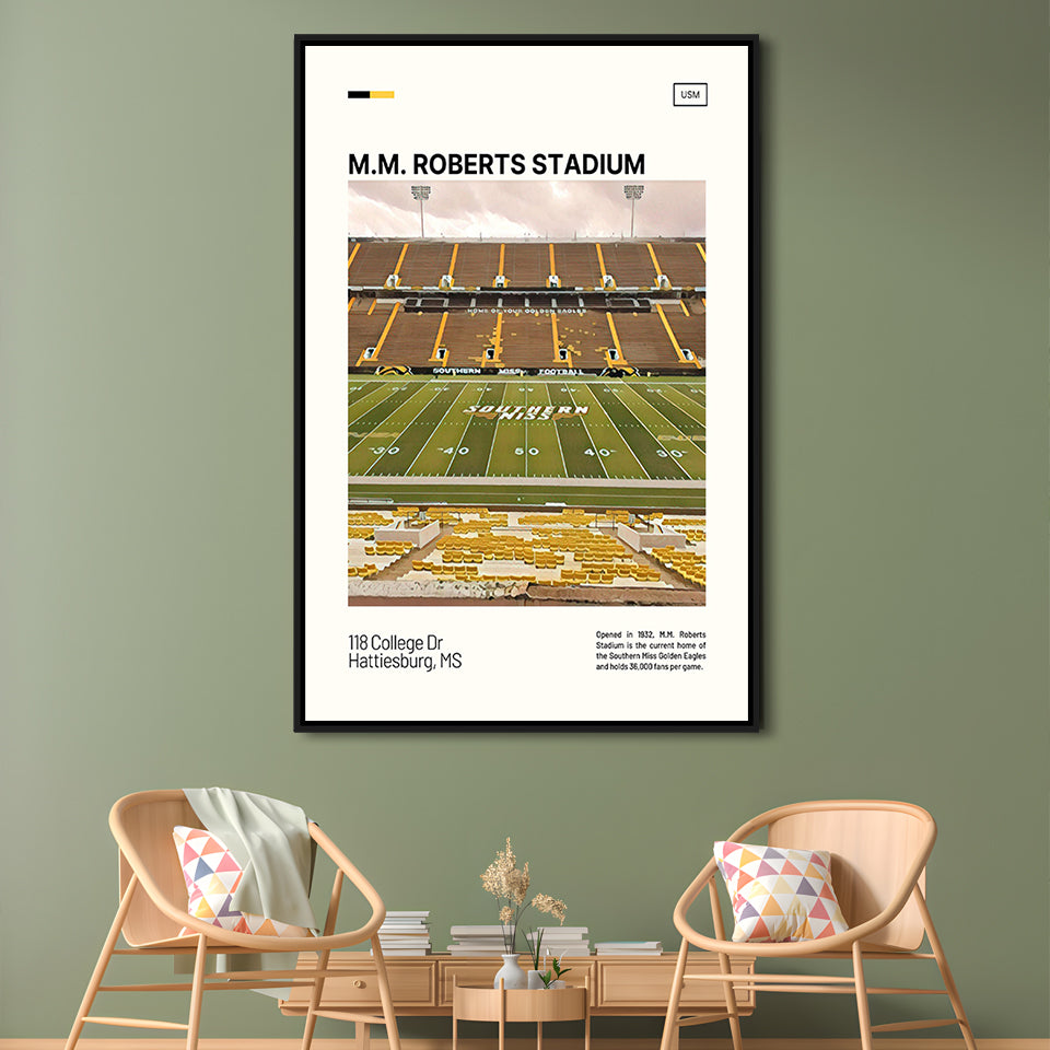 M.M. Roberts Stadium Print, Southern Miss Golden Eagles Stadium Art, Man Cave Gift, Floating Framed Canvas Print Wall Art