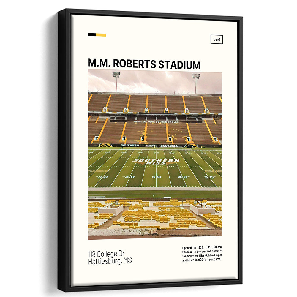 M.M. Roberts Stadium Print, Southern Miss Golden Eagles Stadium Art, Man Cave Gift, Floating Framed Canvas Print Wall Art