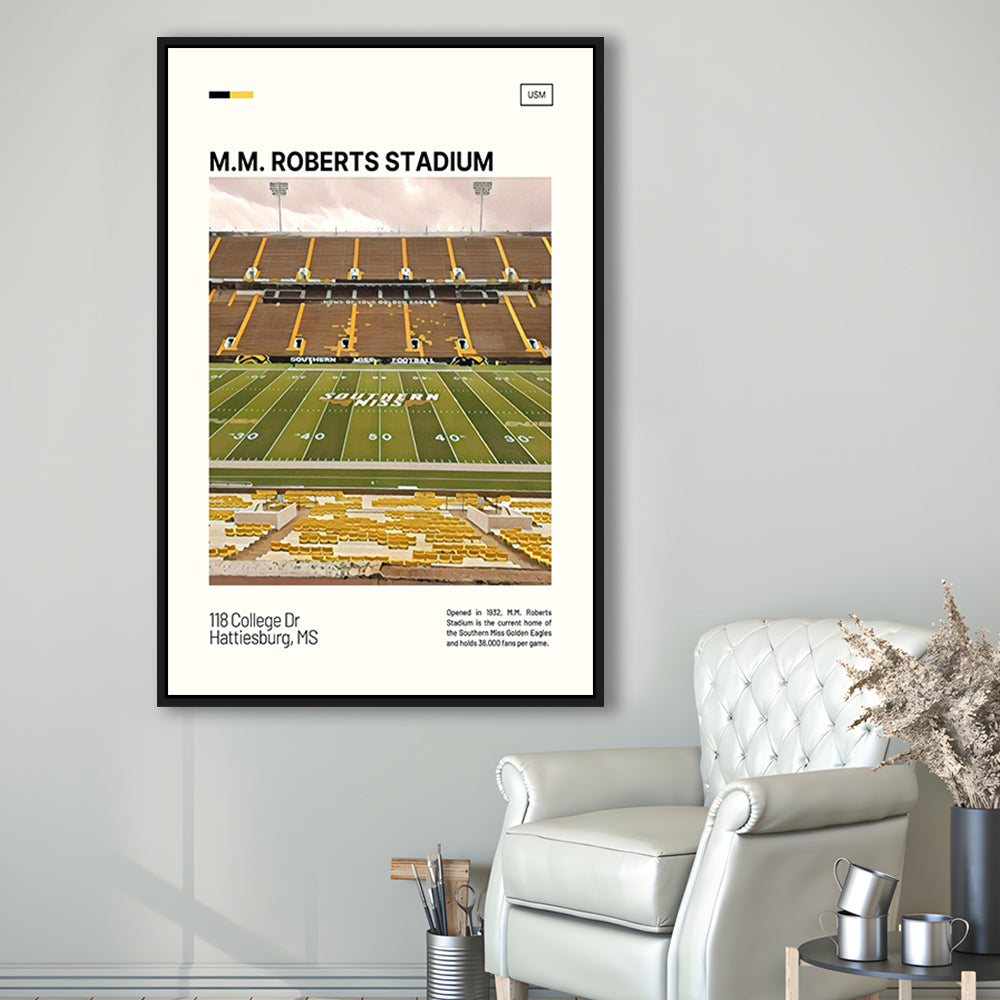 M.M. Roberts Stadium Print, Southern Miss Golden Eagles Stadium Art, Man Cave Gift, Floating Framed Canvas Print Wall Art