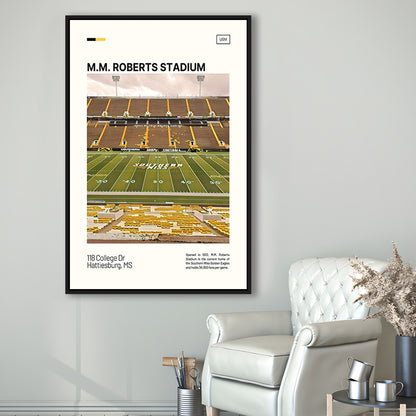 M.M. Roberts Stadium Print, Southern Miss Golden Eagles Stadium Art, Man Cave Gift, Floating Framed Canvas Print Wall Art