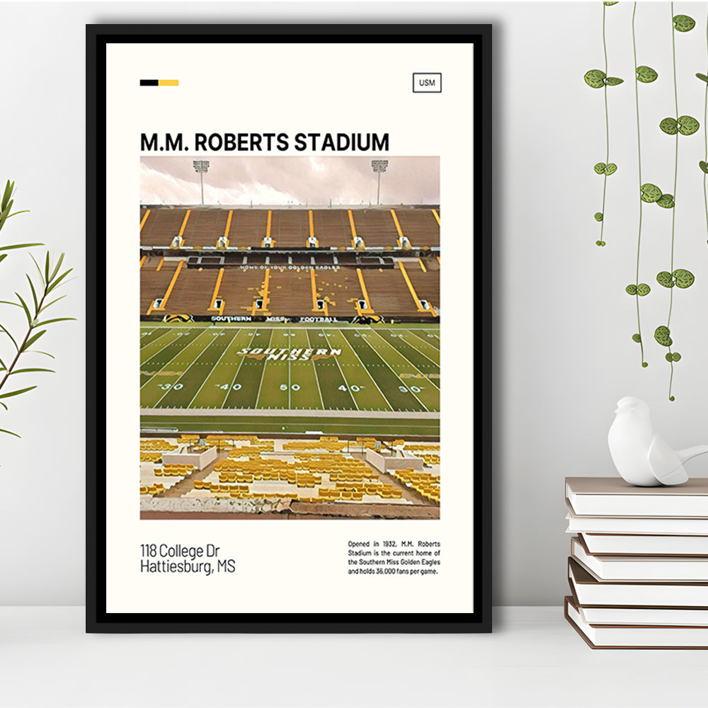 M.M. Roberts Stadium Print, Southern Miss Golden Eagles Stadium Art, Man Cave Gift, Floating Framed Canvas Print Wall Art