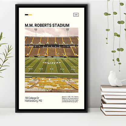 M.M. Roberts Stadium Print, Southern Miss Golden Eagles Stadium Art, Man Cave Gift, Floating Framed Canvas Print Wall Art
