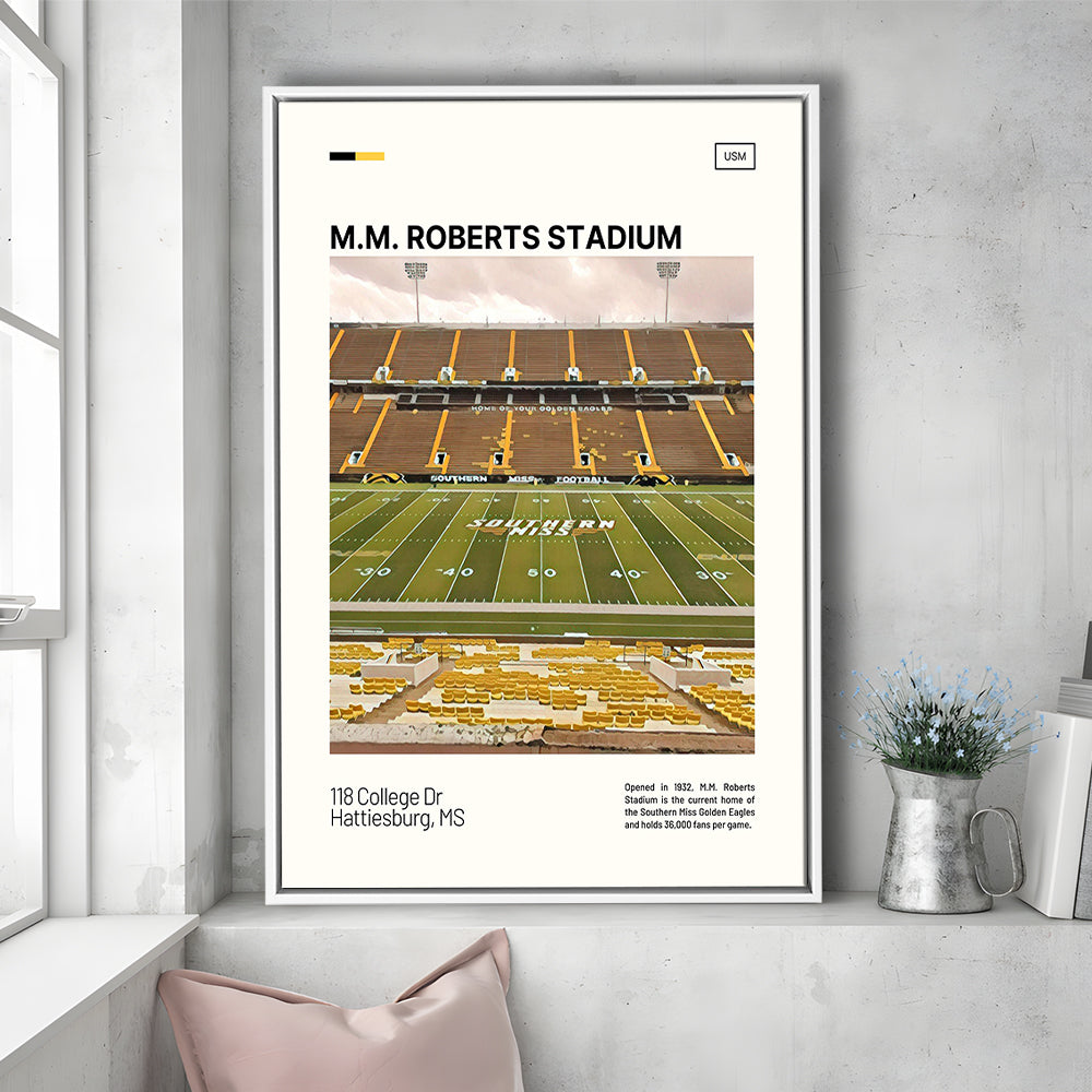 M.M. Roberts Stadium Print, Southern Miss Golden Eagles Stadium Art, Man Cave Gift, Floating Framed Canvas Print Wall Art