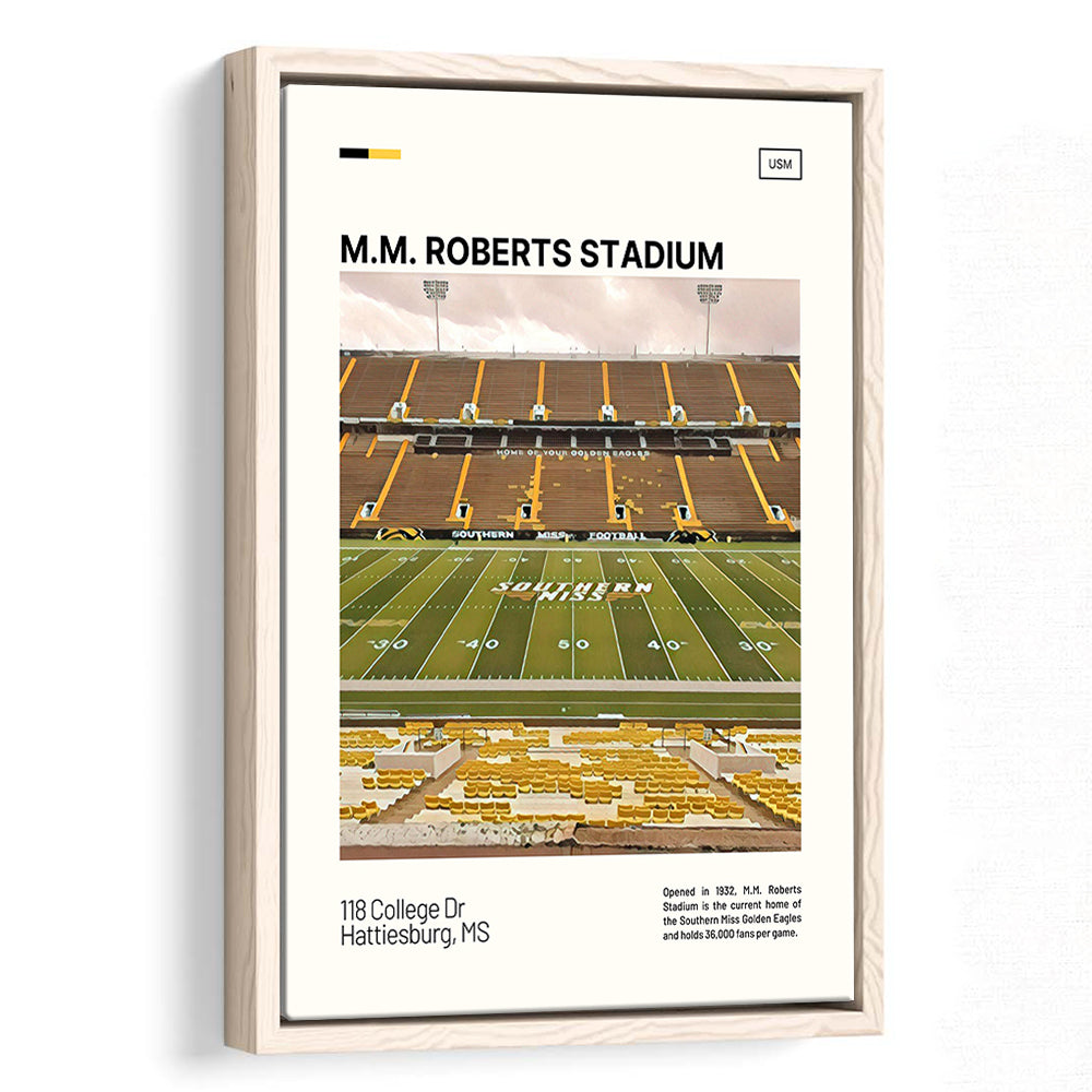 M.M. Roberts Stadium Print, Southern Miss Golden Eagles Stadium Art, Man Cave Gift, Floating Framed Canvas Print Wall Art