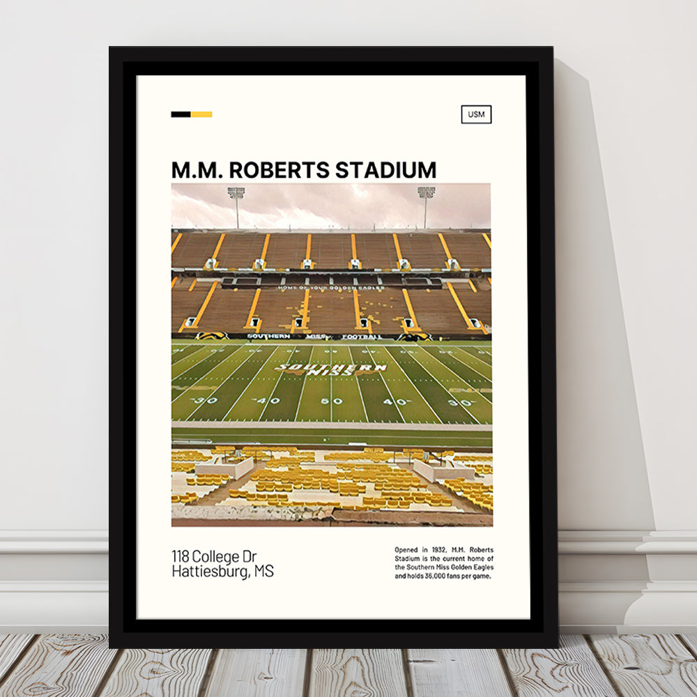 M.M. Roberts Stadium Print, Southern Miss Golden Eagles Stadium Art, Man Cave Gift, Floating Framed Canvas Print Wall Art