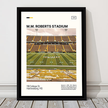 M.M. Roberts Stadium Print, Southern Miss Golden Eagles Stadium Art, Man Cave Gift, Floating Framed Canvas Print Wall Art