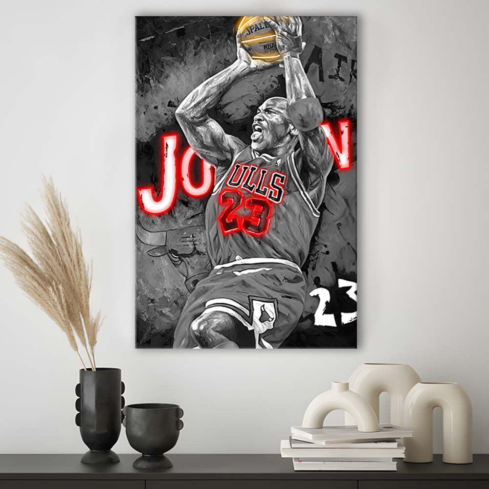 MJ Last Shot Basketball, Neon Sign Effect, Canvas Print, Luxury Wall Art Decor, Modern Art
