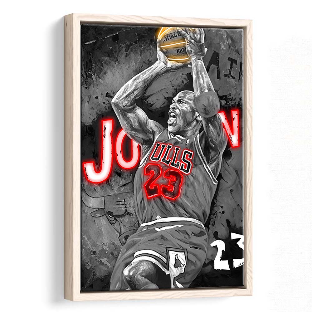 MJ Last Shot Basketball, Neon Sign Effect, Framed Canvas Print, Floating Frame, Luxury Wall Art Decor