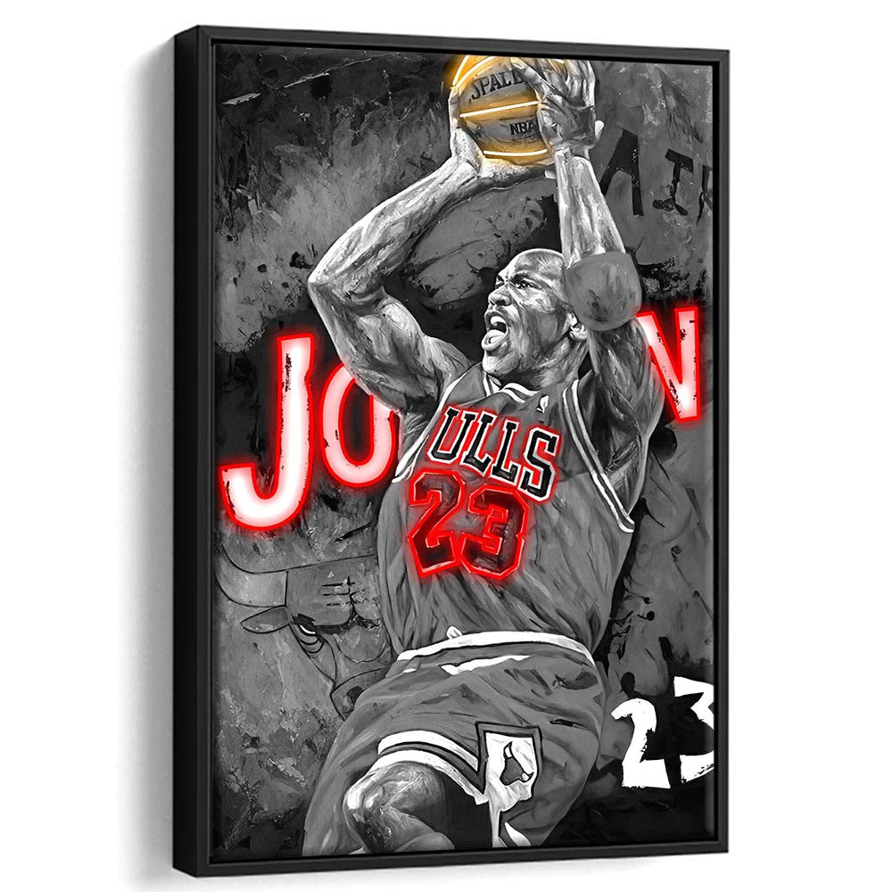 MJ Last Shot Basketball, Neon Sign Effect, Framed Canvas Print, Floating Frame, Luxury Wall Art Decor