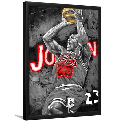 MJ Last Shot Basketball, Neon Sign Effect, Framed Art Print, Picture Framed Wall Art Decor