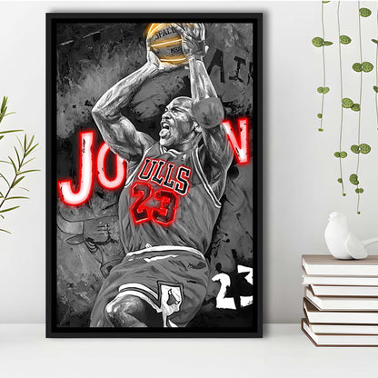 MJ Last Shot Basketball, Neon Sign Effect, Framed Canvas Print, Floating Frame, Luxury Wall Art Decor