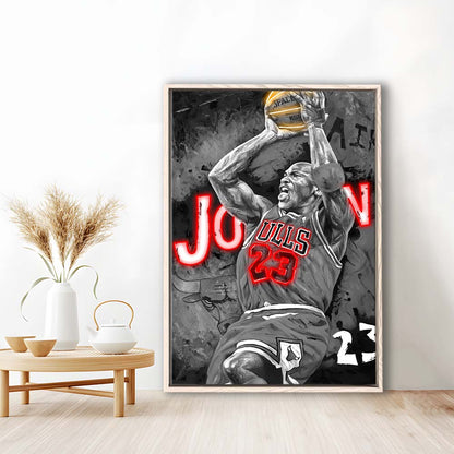 MJ Last Shot Basketball, Neon Sign Effect, Framed Canvas Print, Floating Frame, Luxury Wall Art Decor