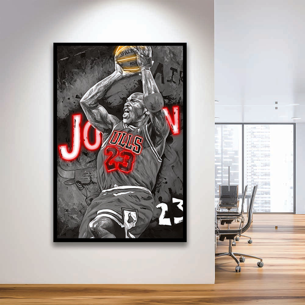 MJ Last Shot Basketball, Neon Sign Effect, Framed Art Print, Picture Framed Wall Art Decor