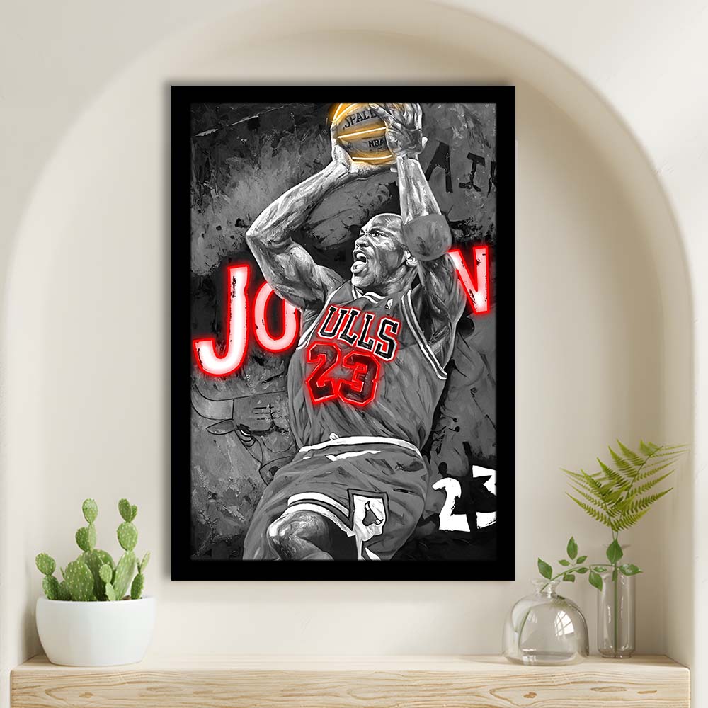 MJ Last Shot Basketball, Neon Sign Effect, Framed Art Print, Picture Framed Wall Art Decor