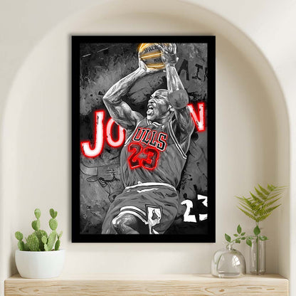 MJ Last Shot Basketball, Neon Sign Effect, Framed Art Print, Picture Framed Wall Art Decor