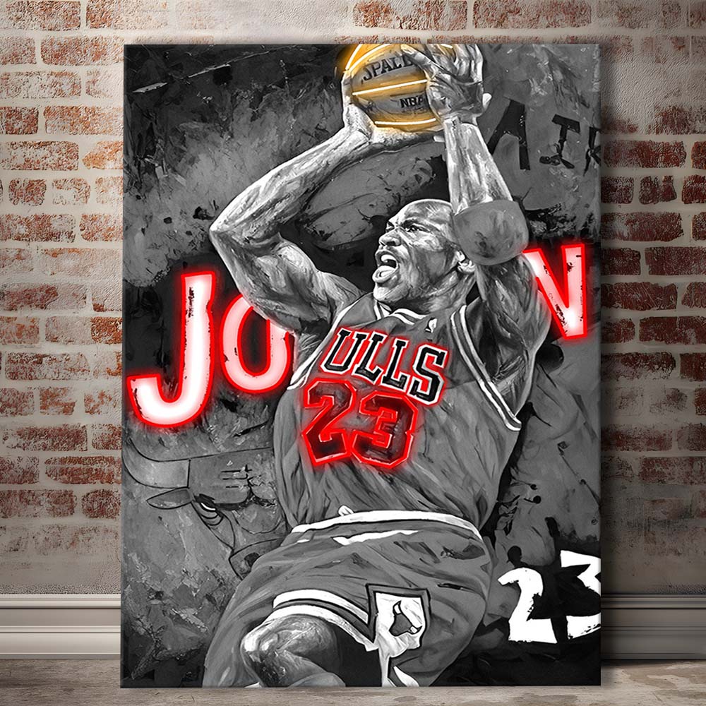 MJ Last Shot Basketball, Neon Sign Effect, Canvas Print, Luxury Wall Art Decor, Modern Art