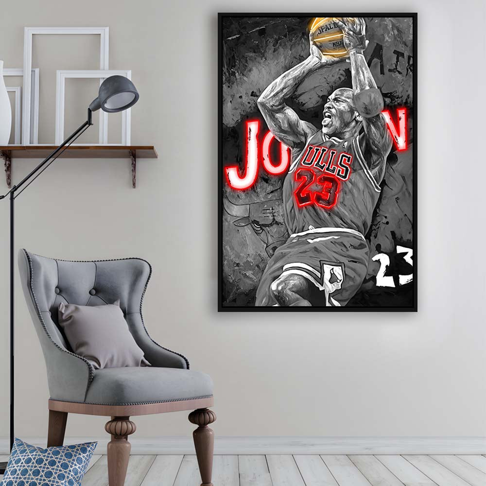 MJ Last Shot Basketball, Neon Sign Effect, Framed Canvas Print, Floating Frame, Luxury Wall Art Decor