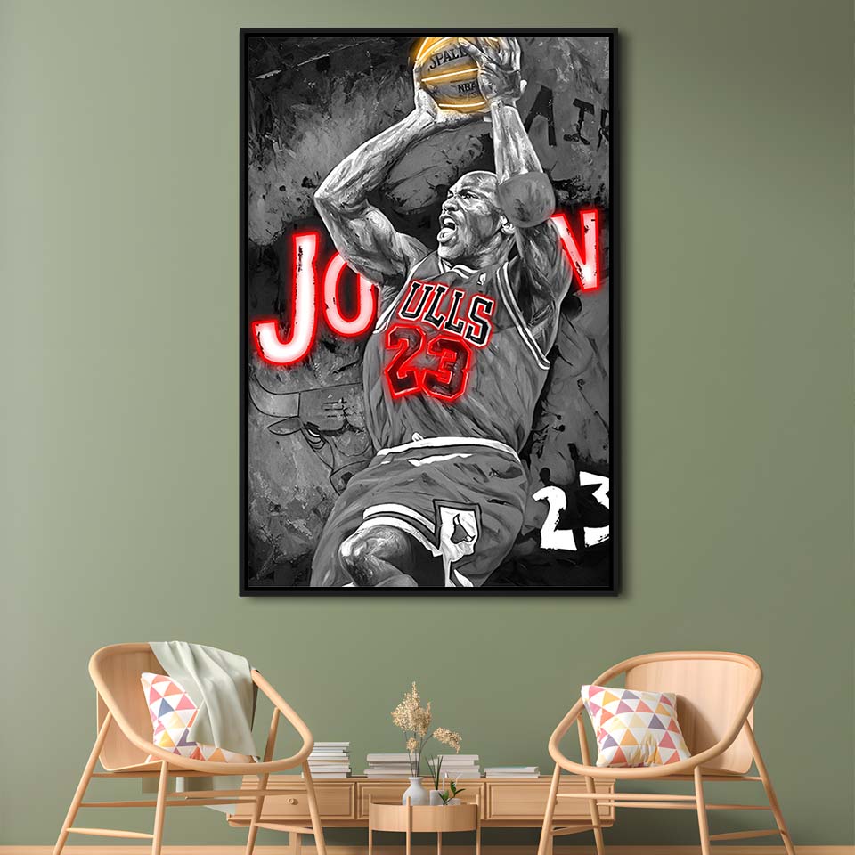 MJ Last Shot Basketball, Neon Sign Effect, Framed Canvas Print, Floating Frame, Luxury Wall Art Decor