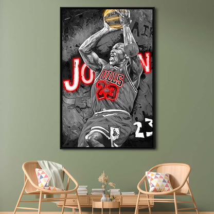 MJ Last Shot Basketball, Neon Sign Effect, Framed Canvas Print, Floating Frame, Luxury Wall Art Decor